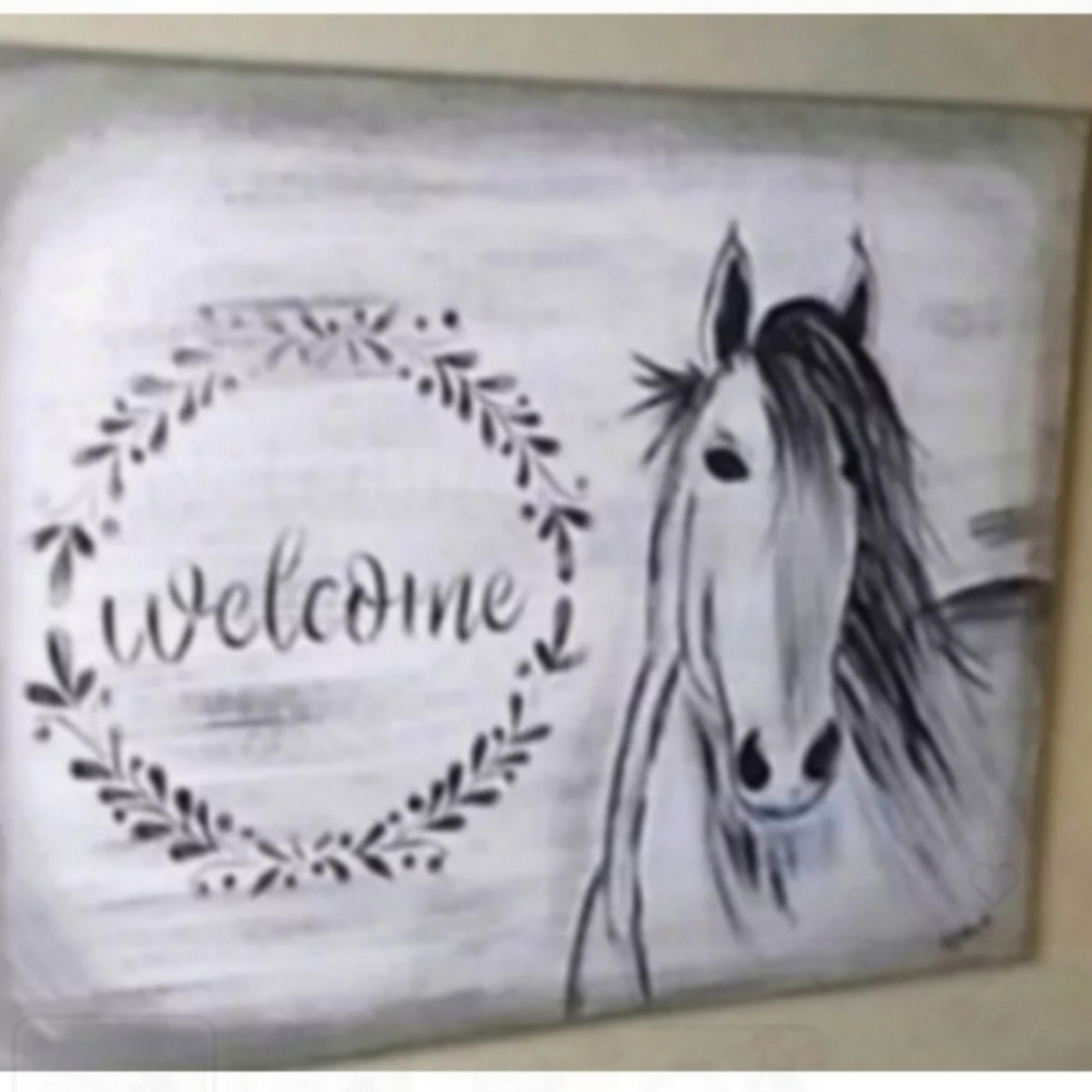Welcome Horse painting gift picture head board acrylic on canvas gray rustic